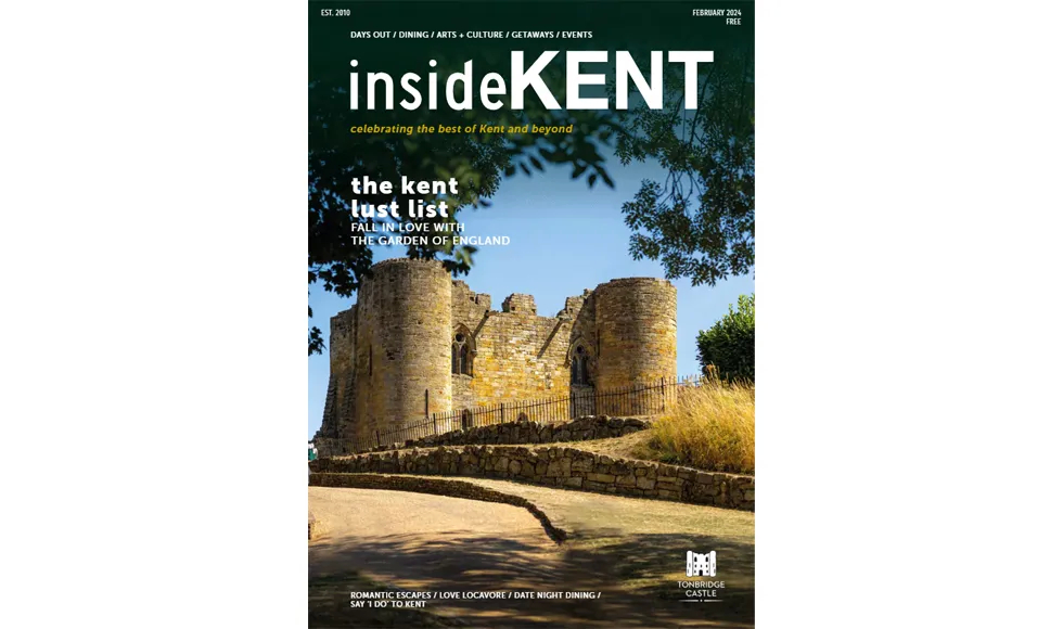 Cover of insideKENT Magazine, February 2024, featuring Tonbridge Castle and headlines about The Kent Lust List.