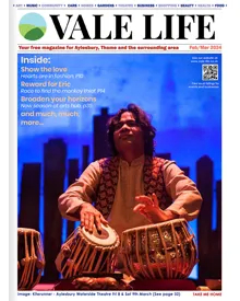 Cover of Vale Life Magazine, Feb/Mar 2024, featuring a musician playing tablas, with various article headlines.