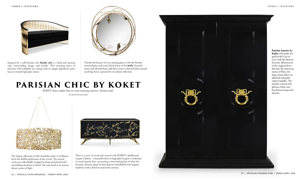 Spread from Upscale Living magazine, March/April 2024, Parisian Chic by Koket, featuring a black Parisian Armoire.