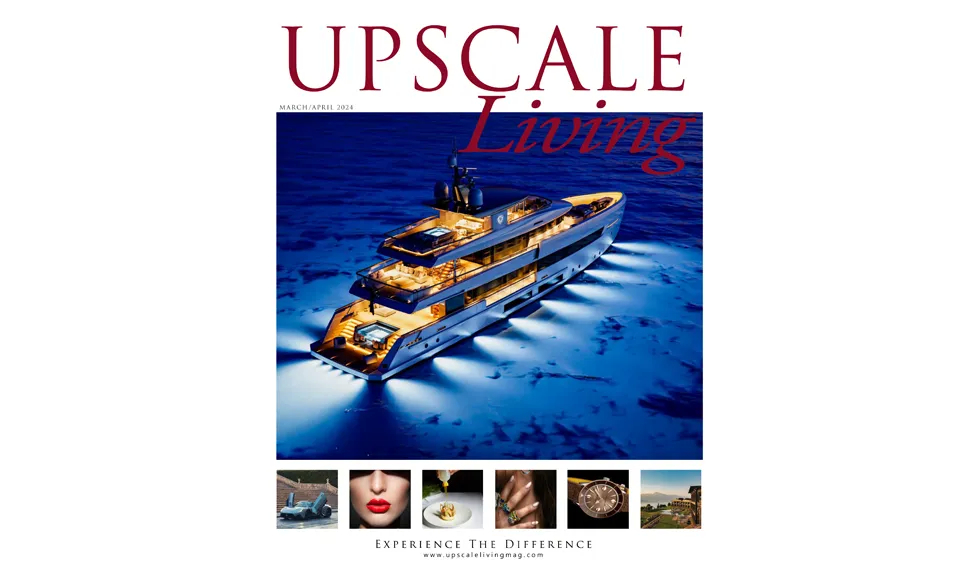 Cover of Upscale Living magazine, March/April 2024, featuring a yacht at night with various luxury lifestyle vignettes.