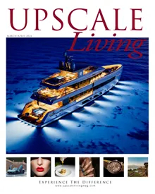 Cover of Upscale Living magazine, March/April 2024, featuring a yacht at night with various luxury lifestyle vignettes.