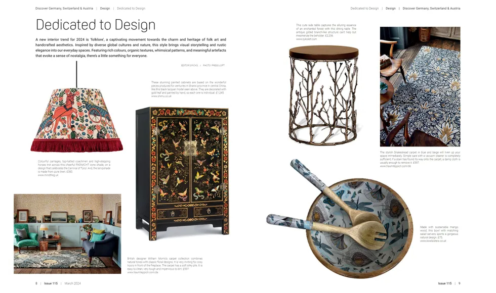 Clipped article from Discover Germany, March 2024, titled Dedicated to Design, showcasing an Enchanted Side Table.