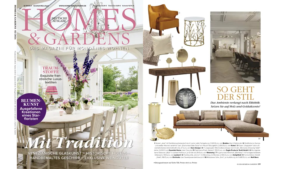 Homes & Gardens Germany Magazine showcasing KOKET's refined and elegant furniture, perfect for creating stylish and inviting home environments.