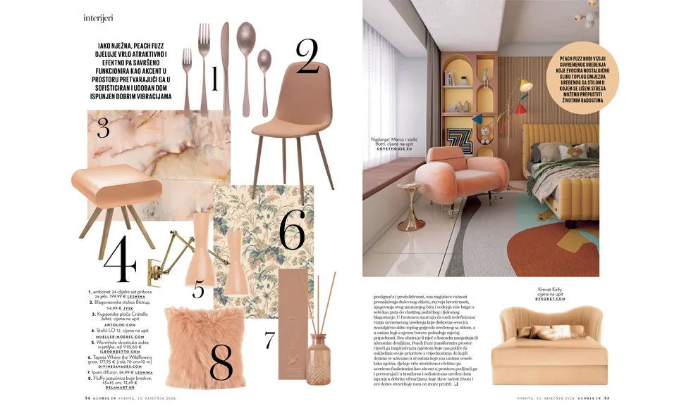 Spread from Gloria IN magazine, January 2024, featuring fashion and an article on home decor with a peach-toned Kelly Bed.