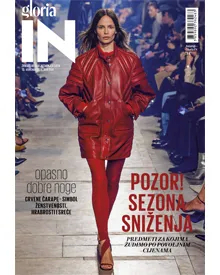 Cover of Gloria IN magazine, January 2024, featuring a model in a red jacket walking on a runway.