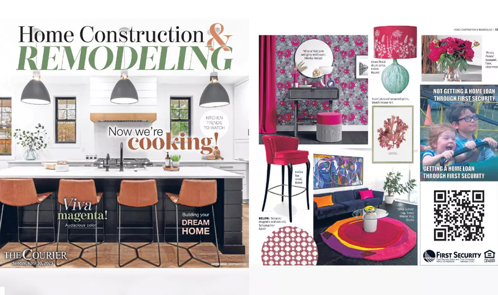 Waterloo Courier Home Construction & Remodeling spread, featuring a modern kitchen and an interior design article with Koket's Délice Bar Stool.