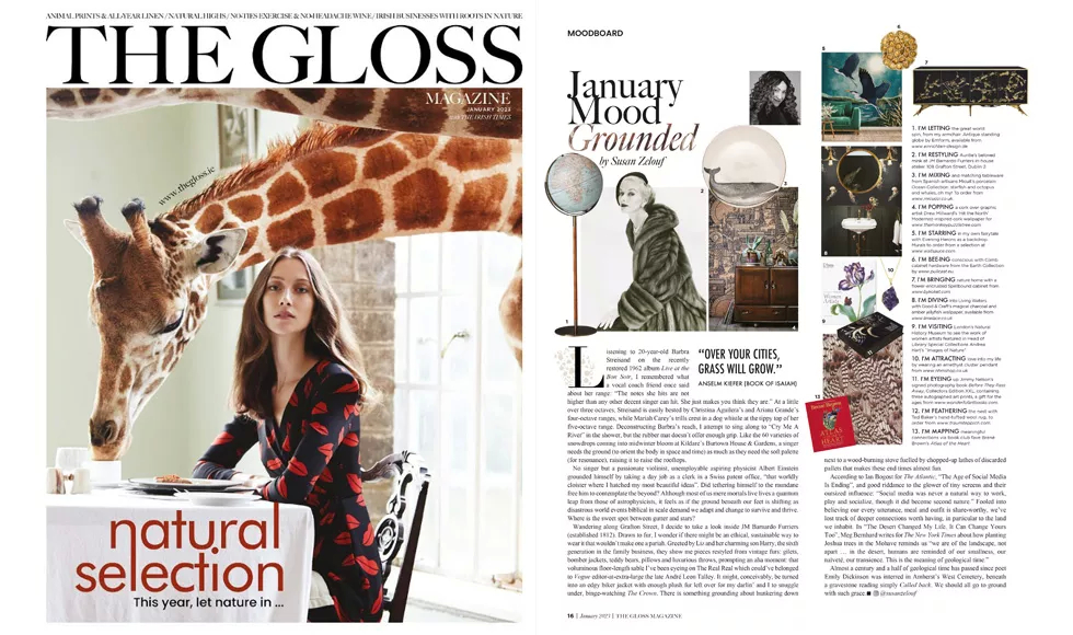 The Gloss magazine spread featuring a woman and giraffe on the cover, and a moodboard with Koket's Spellbound Cabinet.