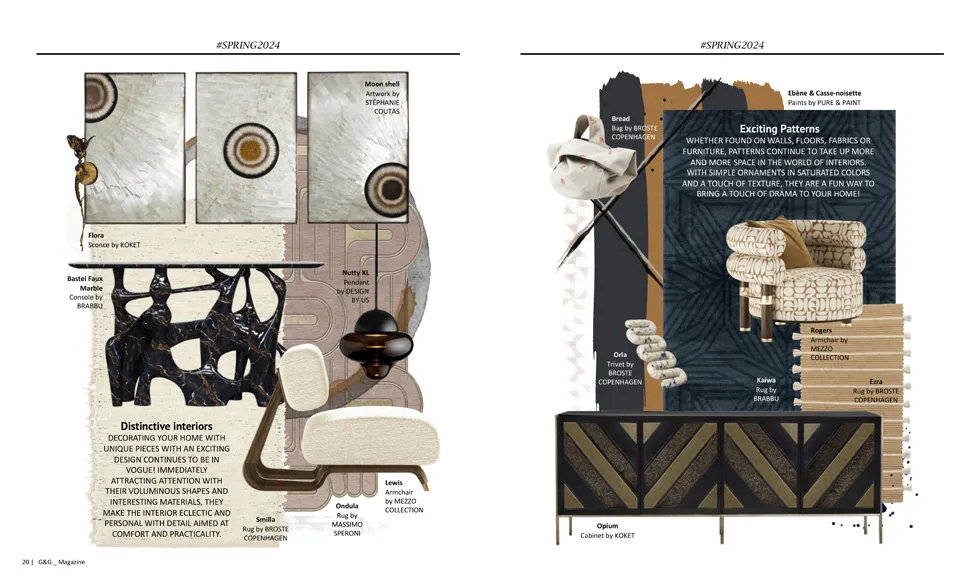 Spread from G&G Magazine, March 2024, featuring a modern woman and interior design inspiration, including the luxurious Opium Cabinet.
