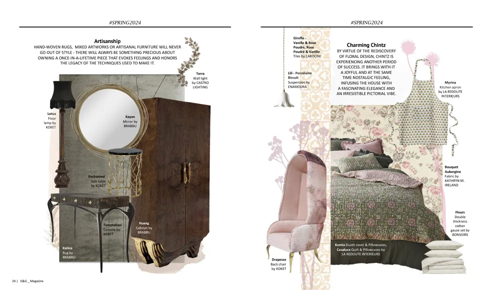 Spread from G&G Magazine, March 2024, showcasing luxurious furniture and decor for homes, including the Drapesse Chair.