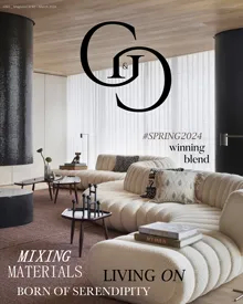 Cover of G&G Magazine, March 2024, showcasing a luxurious living room with a curved sofa and elegant decor.