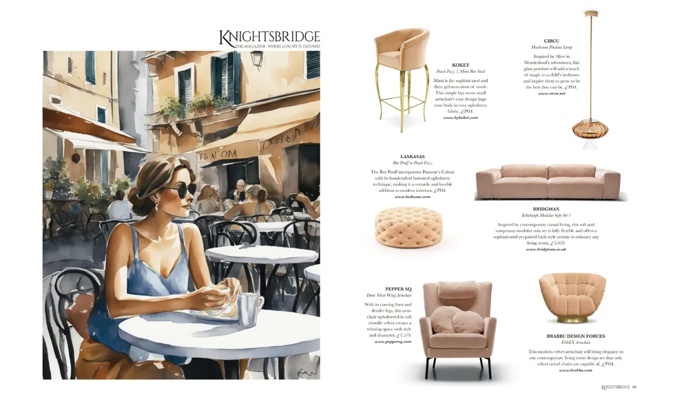 Single page from KNIGHTSBRIDGE Magazine, April 2024, featuring a cafe scene illustration and luxury furniture, including Koket's Mimi Bar Stool.