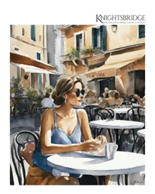Cover of KNIGHTSBRIDGE Magazine, April 2024, featuring a stylish woman with a small dog in front of a blue building.
