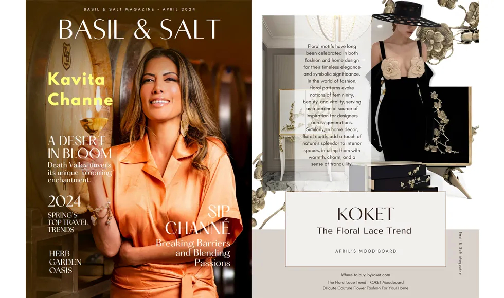 Single page from Basil & Salt Magazine, April 2024, featuring Kavita Channe and an article showcasing luxury furniture including the Spellbound Bar Cabinet.