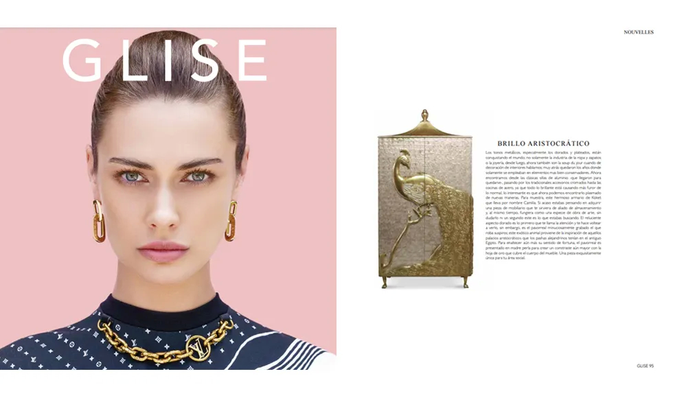 Spread from Glise Magazine, January 2024, combining the cover with Emma Roberts and a fashion article featuring the Camilia Armoire.