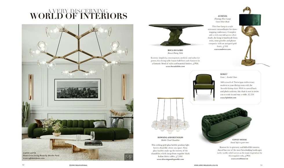 Spread from Epicurean Life, April 2024, combining the cover with an article on stylish living rooms, featuring the Naomi Chair.
