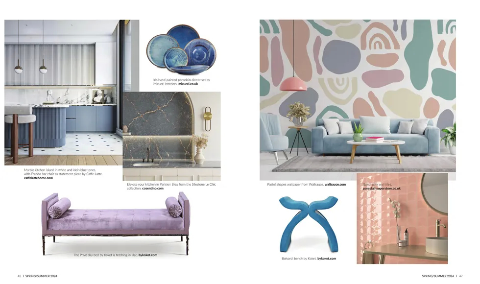 Spread from LUXE Magazine Ottawa, April 2024, showcasing modern interiors with a focus on lighting, featuring Privê Daybed and Bolvardi Bench.