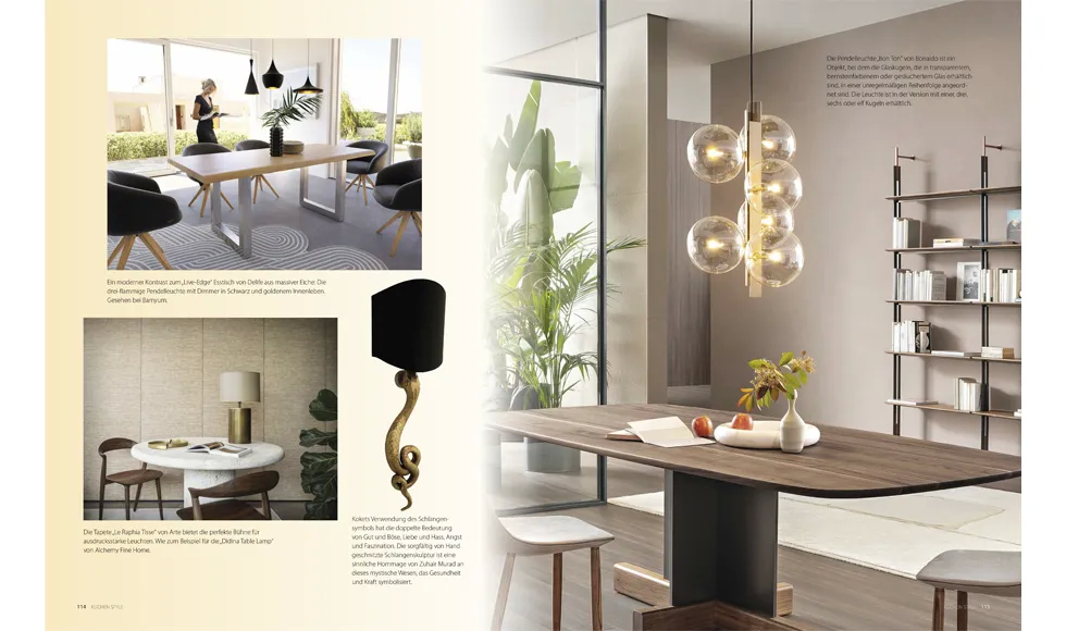 Spread from Küchen Style, May 2024, showing elegant dining areas with modern lighting like the Serpentine Sconce.