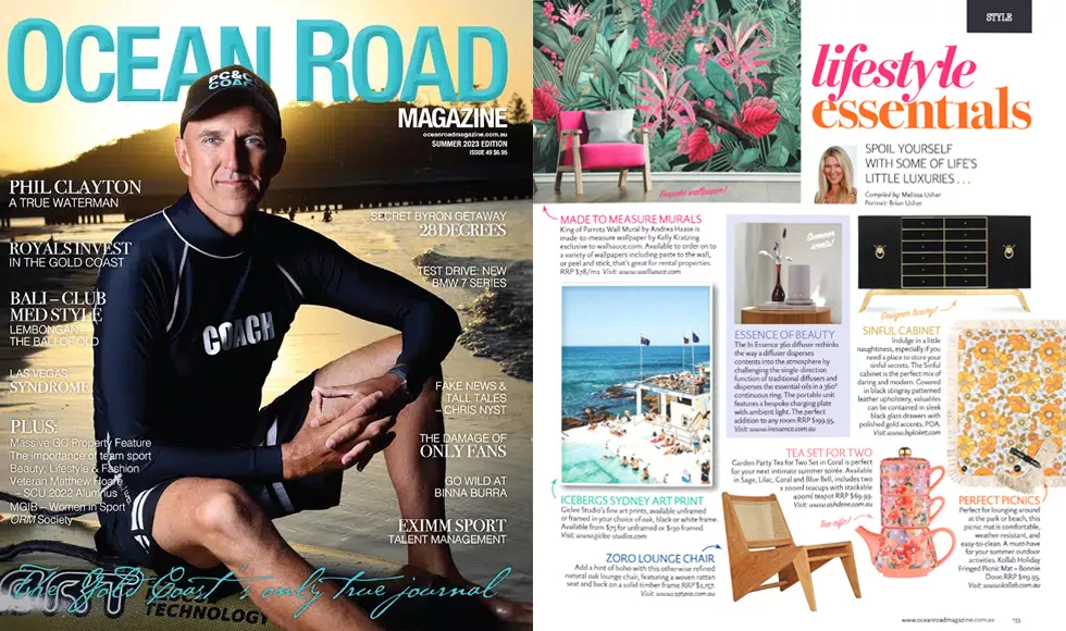 Page from Ocean Road Magazine, Summer 2023, featuring a man in a wetsuit on the cover and lifestyle essentials.