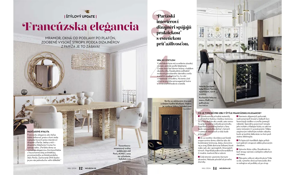 Spread from Môj Dom magazine, May 2024, featuring Francúzska elegancia article with elegant dining and kitchen interiors.