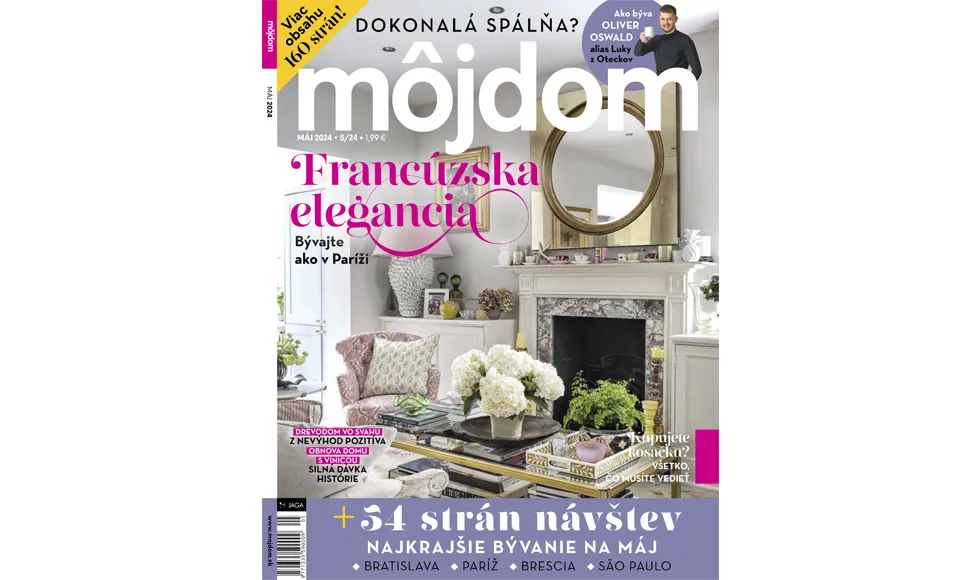 Cover of Môj Dom magazine, May 2024, featuring a chic living room with fireplace and mirror, titled Francúzska elegancia.