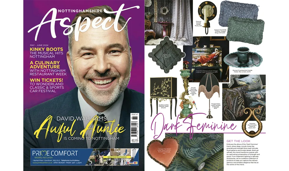 Spread from Nottinghamshire Aspect, May-June 2024, showing the cover with David Walliams and a Dark Feminine decor article featuring Koket's Spellbound Bar Cabinet.