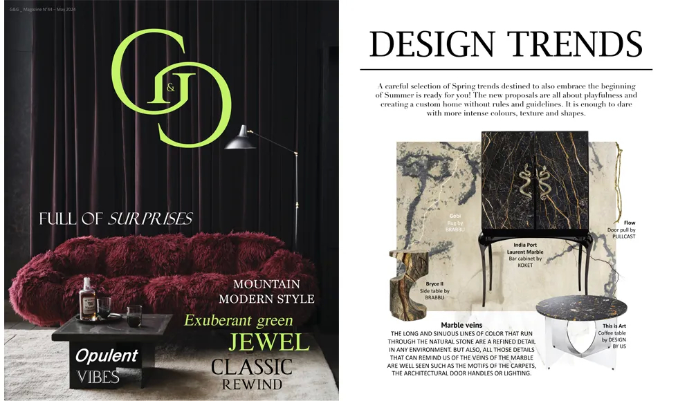 G&G Magazine spread highlighting KOKET's exquisite furniture designs, emphasizing sophisticated and glamorous pieces for contemporary living spaces.