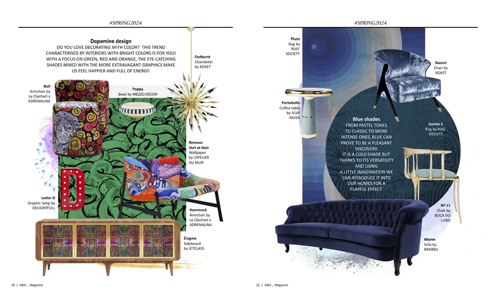 G&G Magazine spread highlighting KOKET's exquisite furniture designs, emphasizing sophisticated and glamorous pieces for contemporary living spaces.