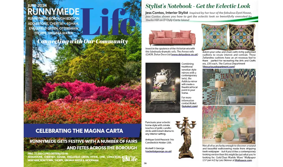 Spread from Runnymede Life, June 2024, combining the magazine cover with an article on eclectic interior design.