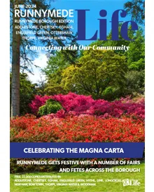 Cover of Runnymede Life, June 2024, showing vibrant pink and green foliage, with text Connecting with Our Community.