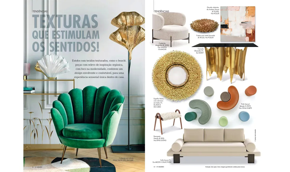 Spread from VIP Anuário Portugal with "TRENDS" headline, showcasing furniture, decor, and textures in modern styles.