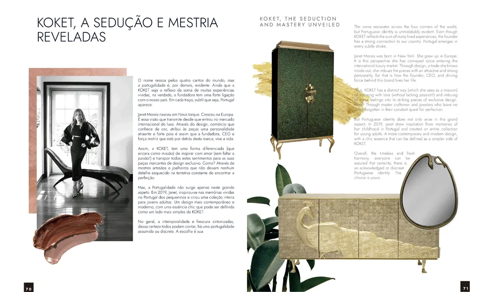 Spread of the 2024 June Issue of Keller Williams Luxury Portugal Magazine, featuring an article about the essence of KOKET and some of our exquisite pieces such as the Divine Armoire, the Camilia Cabinet and the Serpentine Mirror