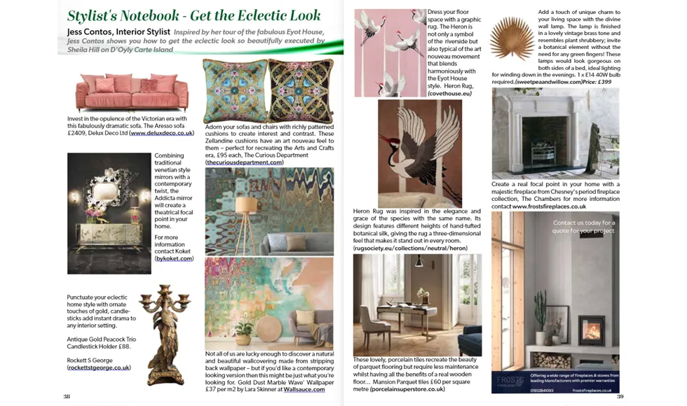 Spread of the 2024 June Issue of Weybridge & Brooklands Life Magazine, featuring the project of KOKET's Addicta Mirror, Spellbound Aged Mirror Cabinet, Gem Table Lamp and Eternity Black Glass Sconce