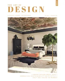 The Art of Design magazine cover, featuring a luxury home interior with a bedroom, a sofa, and a floral ceiling.