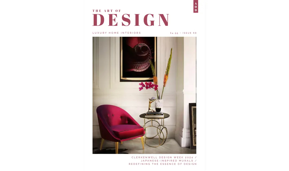 The Art of Design magazine cover, May 2024, featuring a brightly lit interior with a fireplace and modern furnishings.