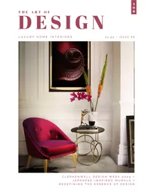 The Art of Design magazine cover, May 2024, featuring a brightly lit interior with a fireplace and modern furnishings.