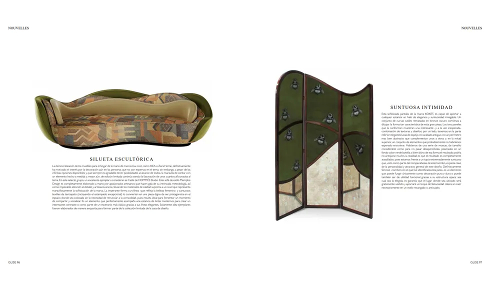 Glise Magazine article showcasing the Simone Screen by Koket, with a floral design and mirrored panels.
