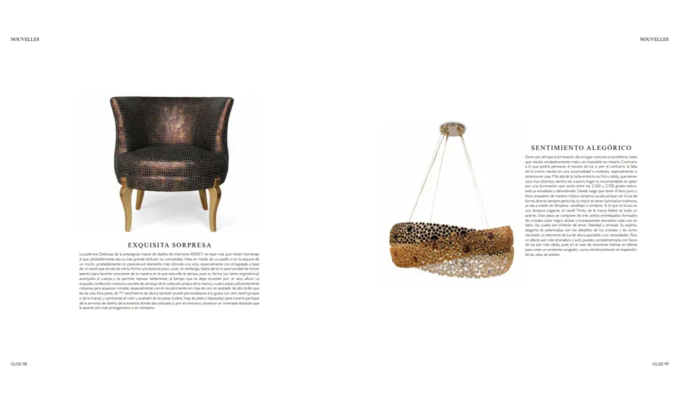Glise Magazine article, 2024, featuring the ornate and luxurious Trinity Chandelier by Koket.