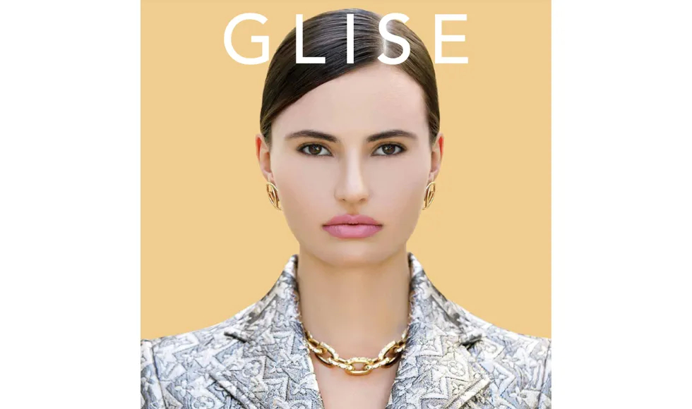 Glise Magazine cover showing a model with striking eyes and prominent cheekbones, featuring bold white text GLISE across the image.