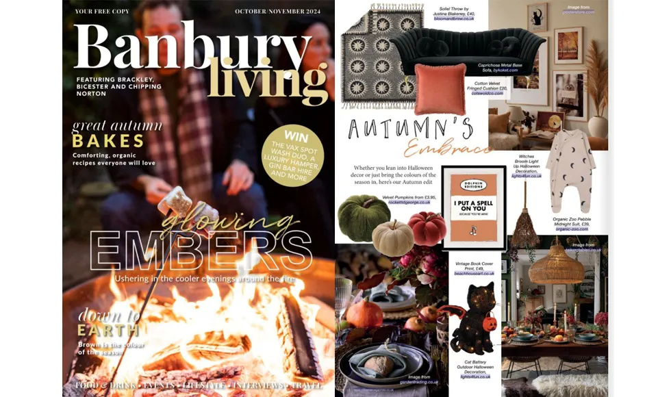 Banbury Living magazine showing autumn decor, including a Caprichosa Sofa, alongside the cover featuring a campfire.