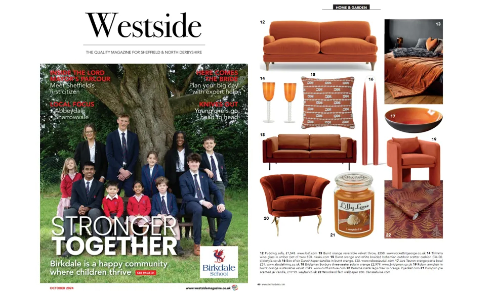 Westside Magazine October 2024 with a home decor spread, including an orange Besame Chair and the cover.