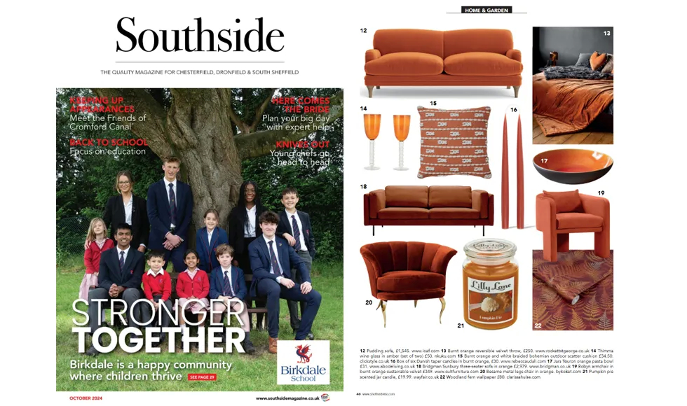 Southside Magazine article featuring home decor, including an orange Besame Chair, alongside the magazine cover.