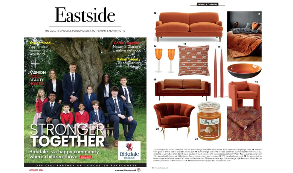 Press clipping of Eastside Magazine cover and an article showcasing home decor, including the Besame Dining Chair.
