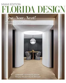 Cover of Florida Design Miami, February 2023, showcasing a modern interior with a hallway leading to a dining area.