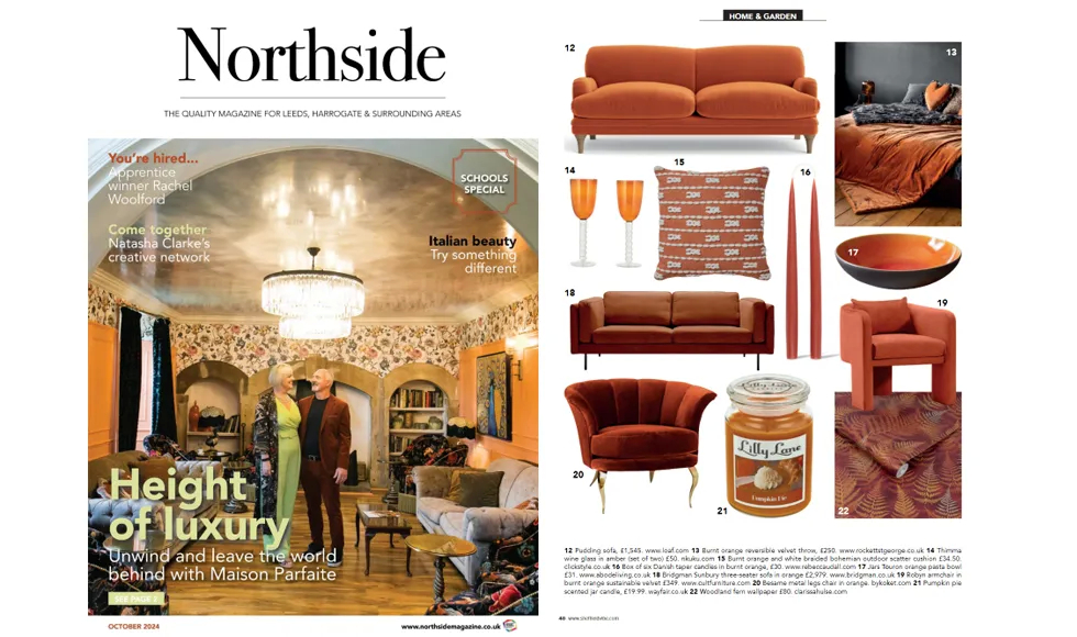 Press clipping of Northside magazine cover and an article featuring home decor, including the Besame Dining Chair.