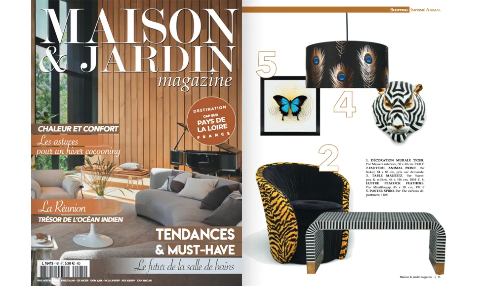 Press clipping of Maison et Jardin Magazine cover and an interior design spread with animal print furniture and decor.