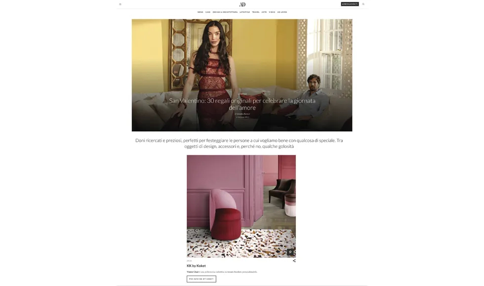 Press clipping: A black image representing an AD Italia article, featuring the Venice Chair.