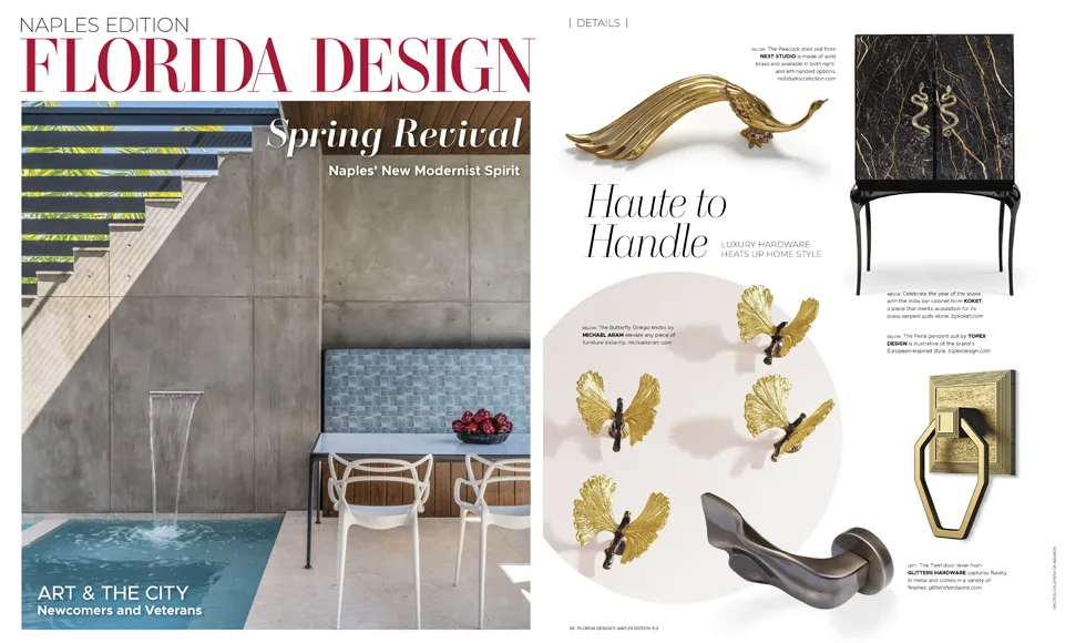 Press clipping: Florida Design Naples Edition Spring 2025, featuring the India Port Laurent Marble Bar Cabinet.