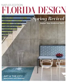 Press clipping: Florida Design Naples Edition Spring 2025 cover, showcasing a modern outdoor space with a pool and dining area.