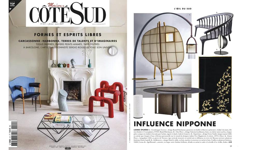 Press clipping of Maisons Côté Sud magazine cover, February-March 2025 issue, featuring a living room.