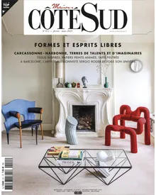 Press clipping: Maisons Côté Sud February/March 2025 cover, showcasing a chic living room with unique furniture.